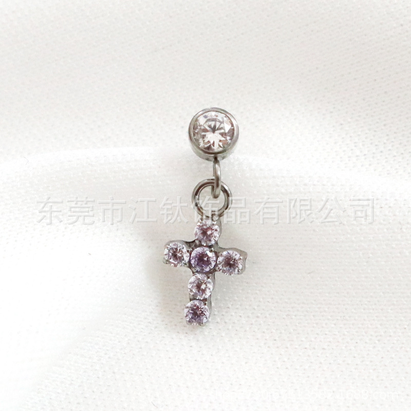 F136 Titanium Stud Earring Cylindrical Cross Pendant Inlaid 5A Zircon G23 Titanium Alloy Body Piercing Ear Bone Stud detail image 13