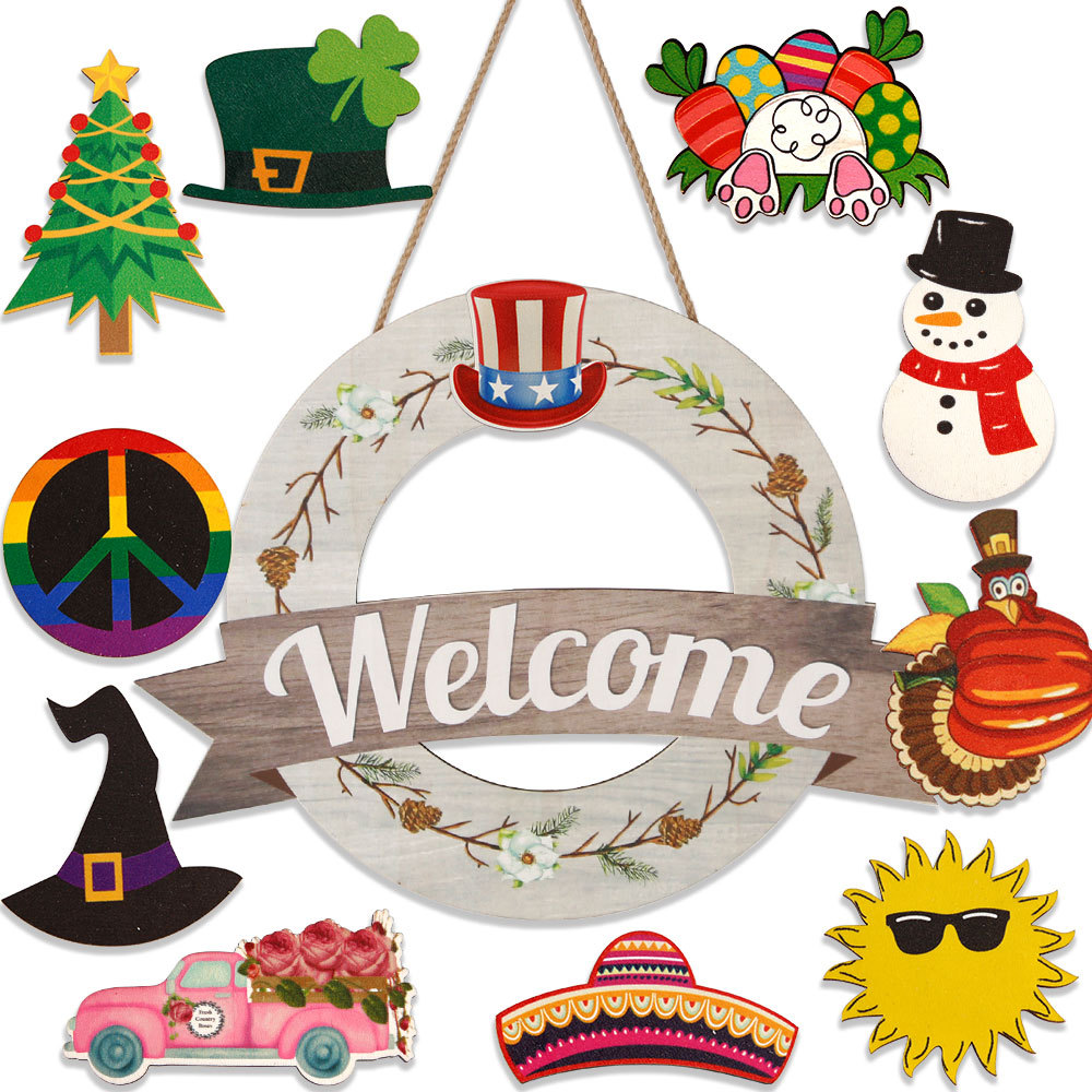 Nueva decoración del hogar multi-fiestas bienvenida lista de madera Navidad Halloween DIY reemplazable bienvenida puerta