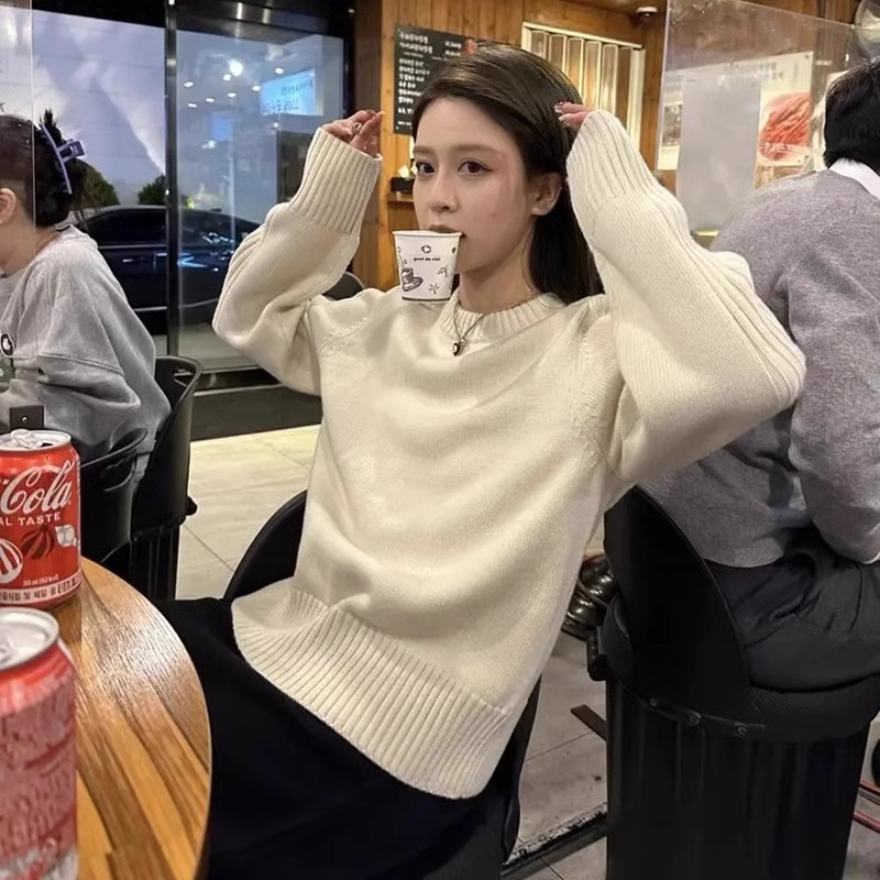 奶油白韩系chic圆领毛衣女秋冬季宽松坑条简约百搭针织衫外穿上衣