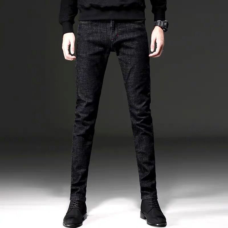 Hong Kong black jeans men's 2023 new spring and autumn fashion brand slim fit skinny high-end fleece-lined thick stretch trousers