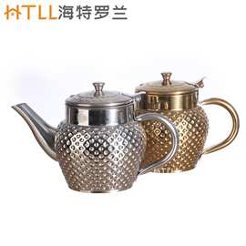 不锈钢金色水壶锥纹钻点茶水壶带滤网无磁加厚茶壶纳米金木柄跨境