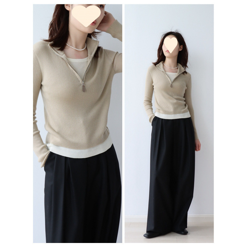 Half-Zip Wool Blend Autumn Faux Two-Piece Long-Sleeve Knit Sweater Casual Pullover Sweater with Stand Collar for Women