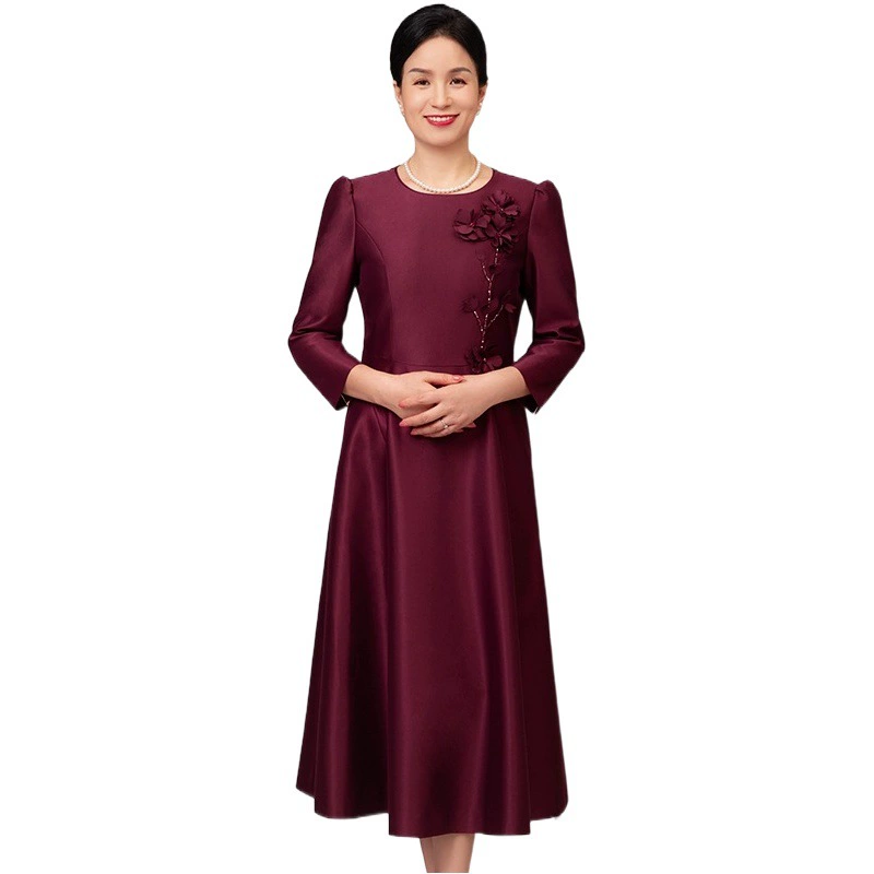 Осенне-зимняя женская одежда среднего и пожилого возраста, элитное платье для мамы с рукавом три четверти, бордовое платье для свадебного банкета для свекрови.