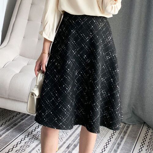 chanel style skirt for women's autumn and winter retro high waist black woolen plaid medium long umbrella skirt for children