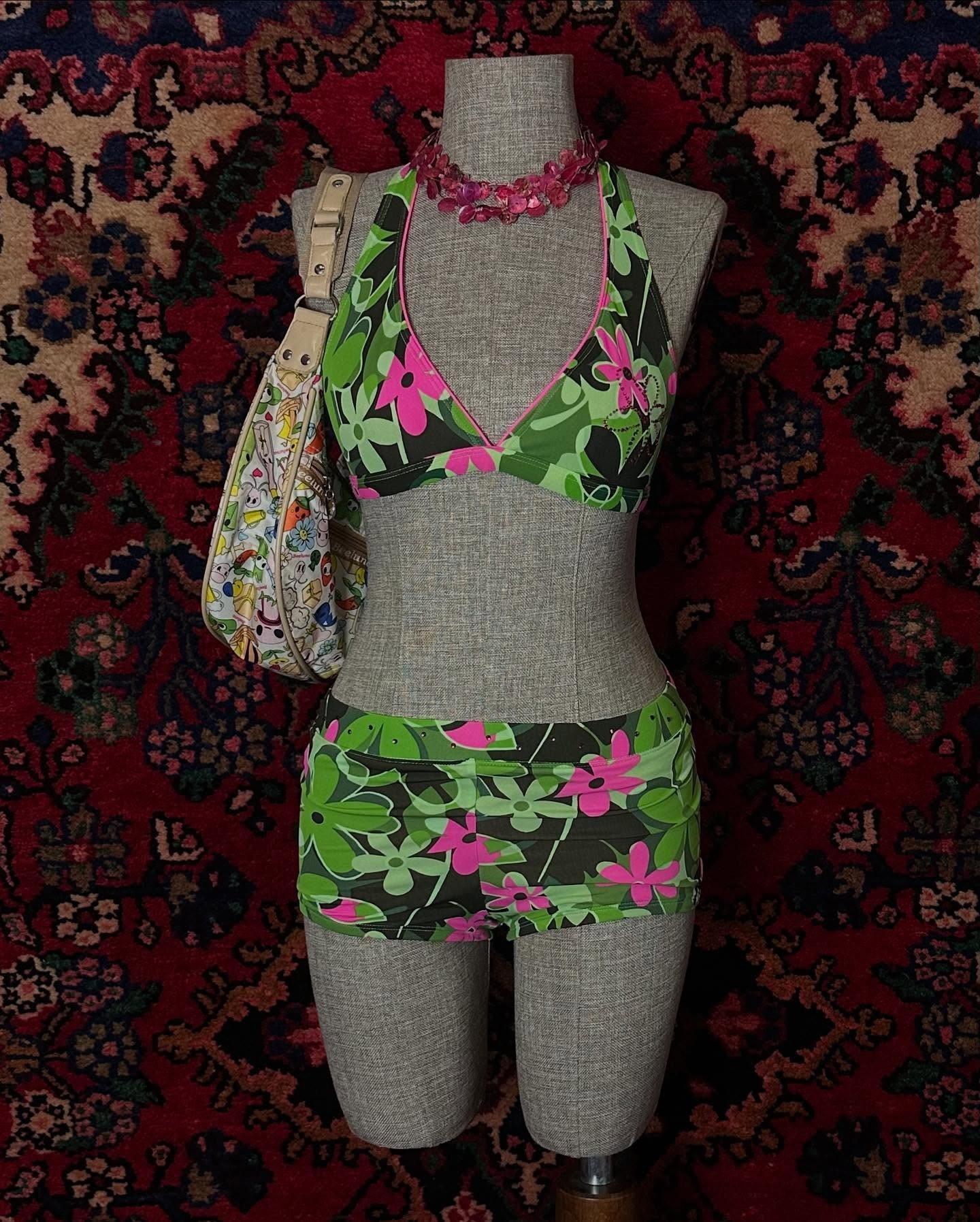 Y2K Retro Floral Print Bikini Set, Women's Two-Piece Swimsuit For Beach Club, Sexy Triangle Top & High-Cut Bottom, Adjustable Ties_ecoleips.com