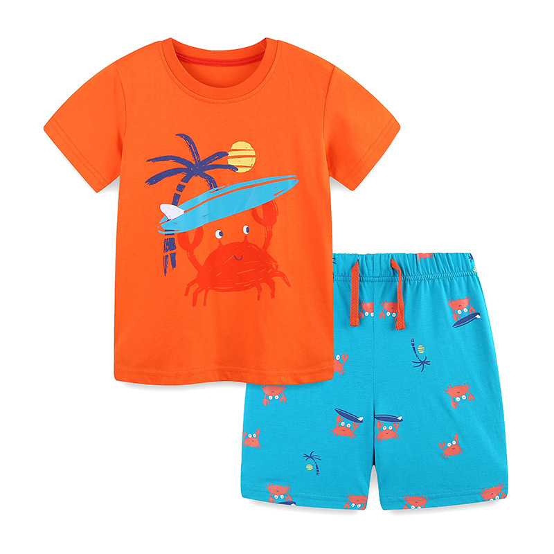 Nuevos productos de verano, trajes para niños, estampados de estilo europeo y americano, trajes de dos piezas de manga corta para niños, dibujos y muestras, procesamiento OEM personalizado