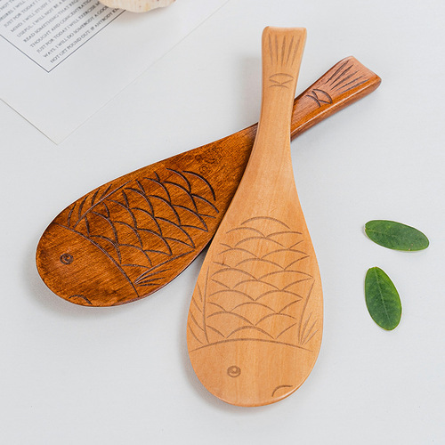 Internet celebrity creative hand-carved spoon dry rice tableware Japanese-style rice shovel lotus wood fish-shaped rice spoon tail with lanyard hole