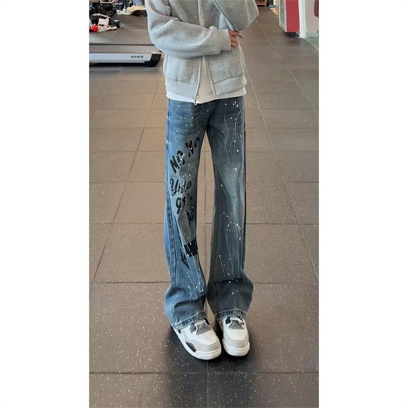 美式泼墨牛仔裤男秋季新款涂鸦设计痞帅高街嘻哈宽松阔腿直筒裤