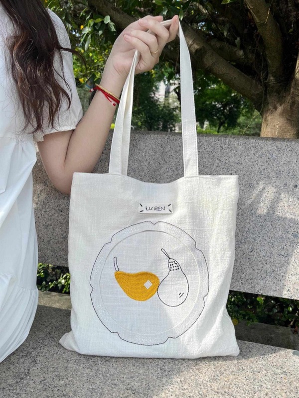 2025 新キャンバスバッグハンドバッグ日本文学梨刺繍ショルダーバッグ大容量カジュアル多用途バッグ|undefined