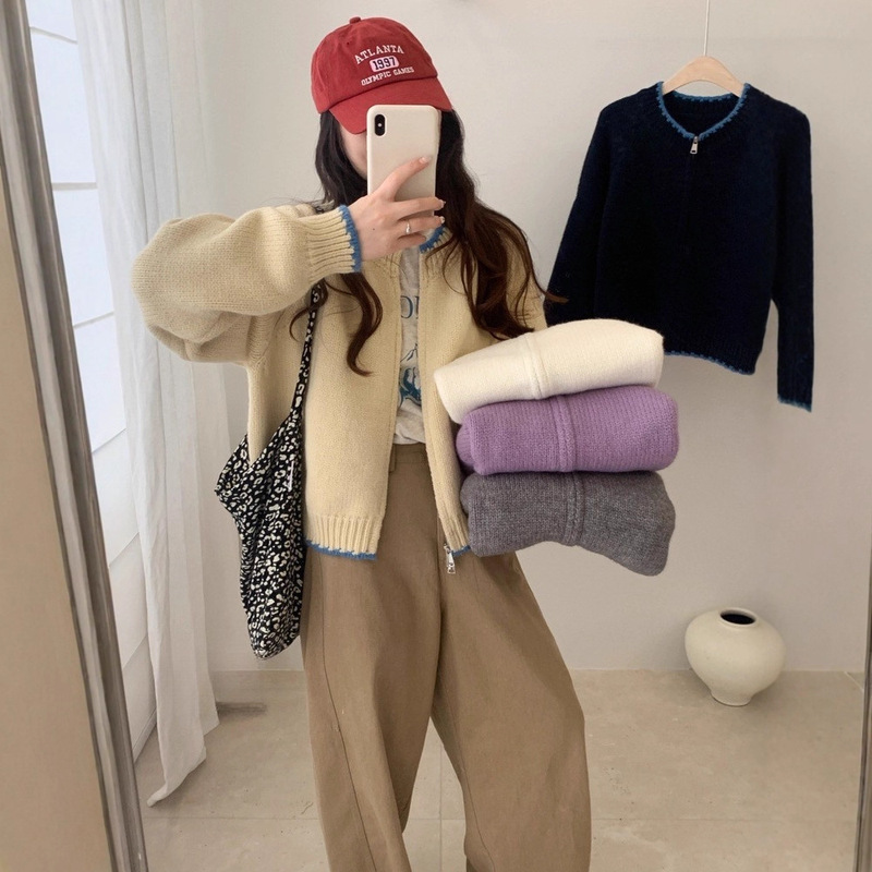 Yunmingsha Korean Style Contrasting Color Round Neck Double Zipper Knitted Cardigan Spring & Fall New Soft Waxy Style Sweater Jacket Top for Women