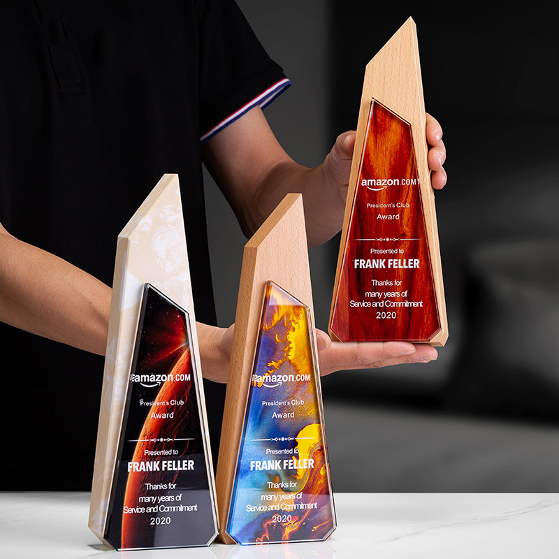 Trofeos de madera sólida trofeos de mármol para hacer grabaciones de la reunión anual de la empresa de impresión en color para los excelentes empleados