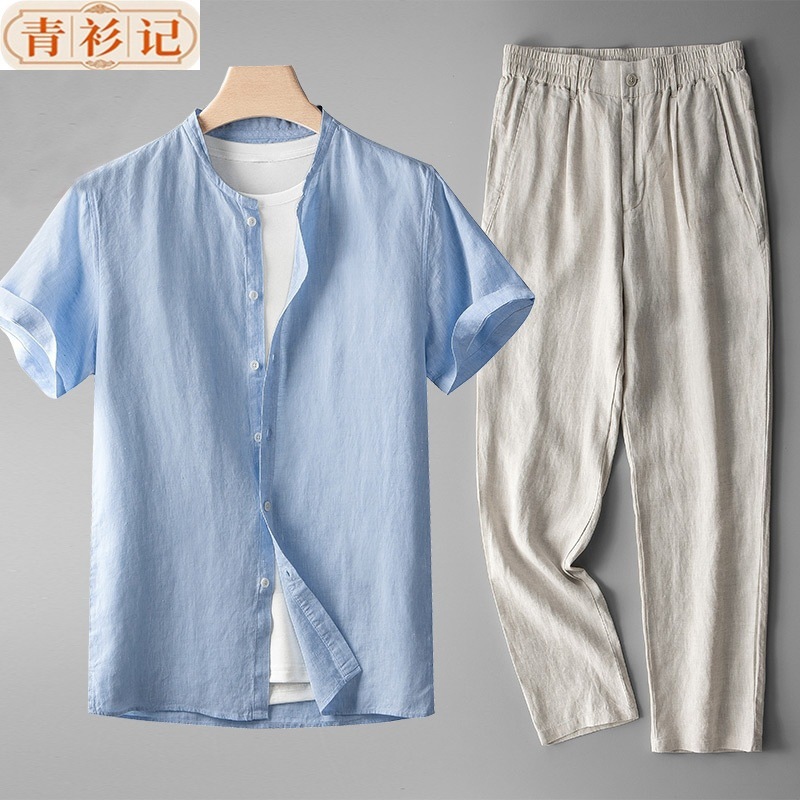 Nuevo conjunto de ropa de lino chino para hombres retro delgado de manga larga estilo chino algodón lino transpirable camisa casual de dos piezas
