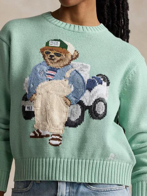 ポニー~秋冬レディースセーター、クマ刺繍、クマ織り花柄、ニットラウンドネックプルオーバートップス、万能|undefined