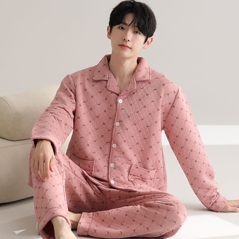 Pijamas sándwich de algodón de aire de otoño e invierno para hombres gruesos, jóvenes y de mediana edad, cálidos y delgados, acolchados se pueden usar afuera, ropa de hogar, invierno