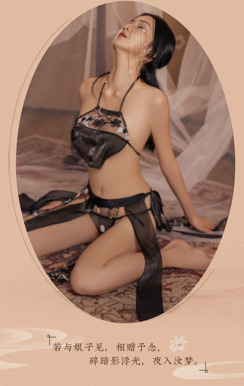 Sexy Chiffon Bellyband Pajama Set with Skirt and Thong, Sheer Mesh Roleplay Lingerie — detail image 4