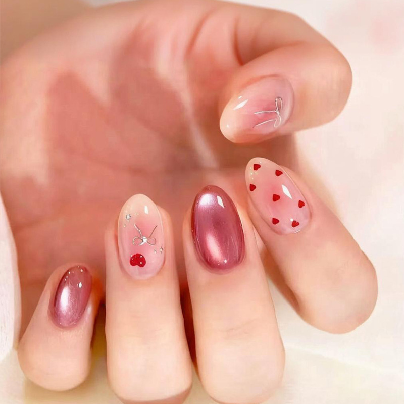 30-piece set of press-on nails, best-selling cross-border product, cat-eye gold-plated short almond-shaped nails with bows and hearts, sweet fake nails for manicure 30-piece set of press-on nails, best-selling cross-border product, cat-eye gold-plated short almond-shaped nails with bows and hearts, sweet fake nails for manicure