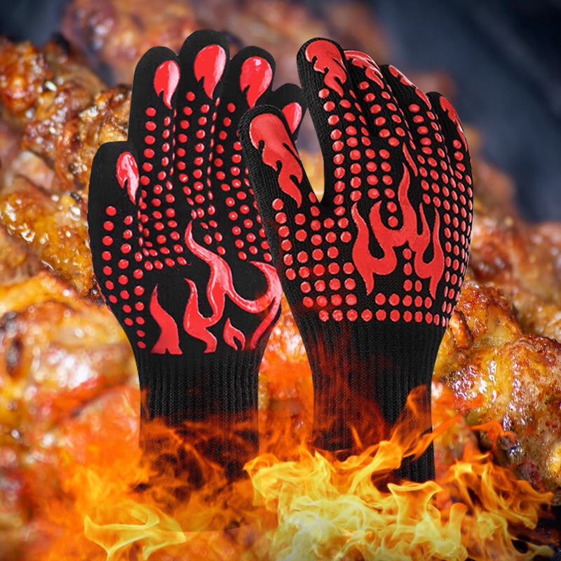 (2개) 재고 고온 저항 800 도 바베큐 난연 내화 바베큐 다섯 손가락 장갑 단열 실리콘 마이크로파 오븐 X20