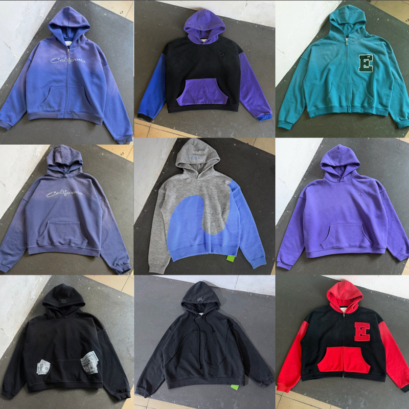Cross-Border Erl Color-Block Zipper Hoodie Sweatshirt European and American Trendy Retro Short Wide Drop-Shoulder High Street Hoodie for Men and Women