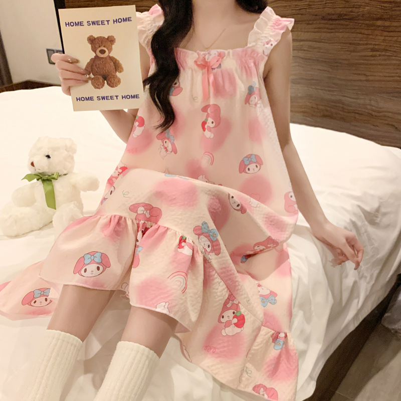 Verano nuevo lindo pijama vestido de mujer simple dibujos animados dulce estudiante con cojín de pecho pijama casero al por mayor