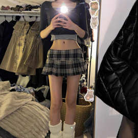 美式辣妹低腰格子半身裙女春季学院风格纹JK百褶裙显瘦a字超短裙