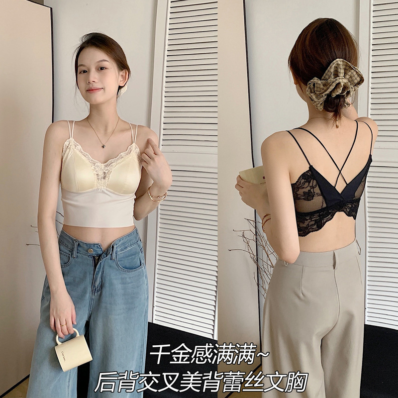 Original Hot-Selling Model 25306 # Cross-Back Lace Beauty-Back Bra with Built-In Chest Pads, Slim Fit, Sexy Camisole for Outerwear.