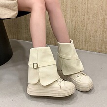 复古可翻折厚底短筒靴子女款秋2026新款增高配裙子百搭高帮帆布鞋