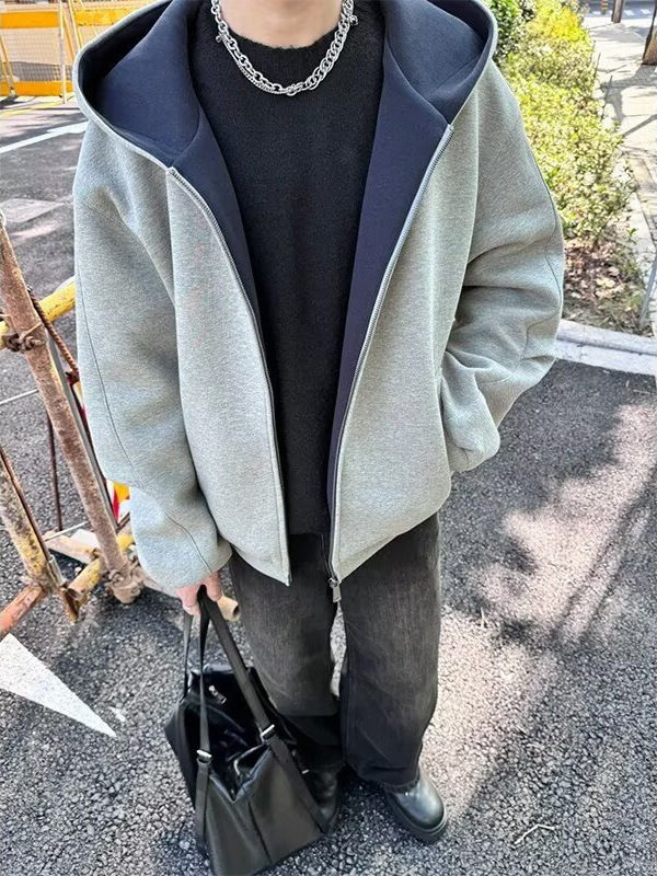 双色连帽开衫卫衣男春秋季宽松潮牌百搭美式夹克情侣帽衫上衣外套|undefined
