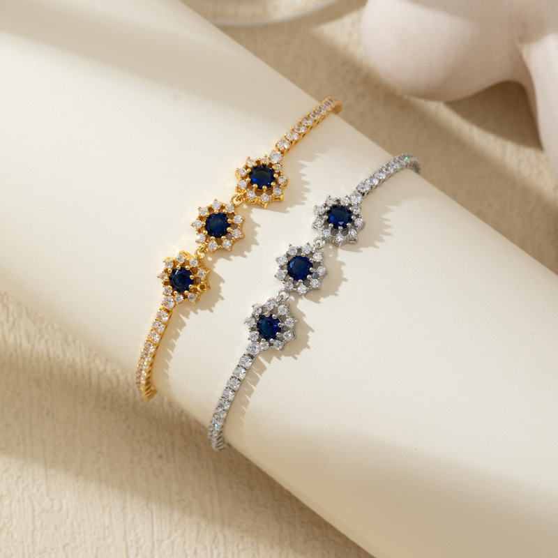 Vintage Court-Style Three-Flower Sapphire Full Diamond Tennis Bracelet for Women, High-End Deep Blue Zircon Party-Style Jewelry