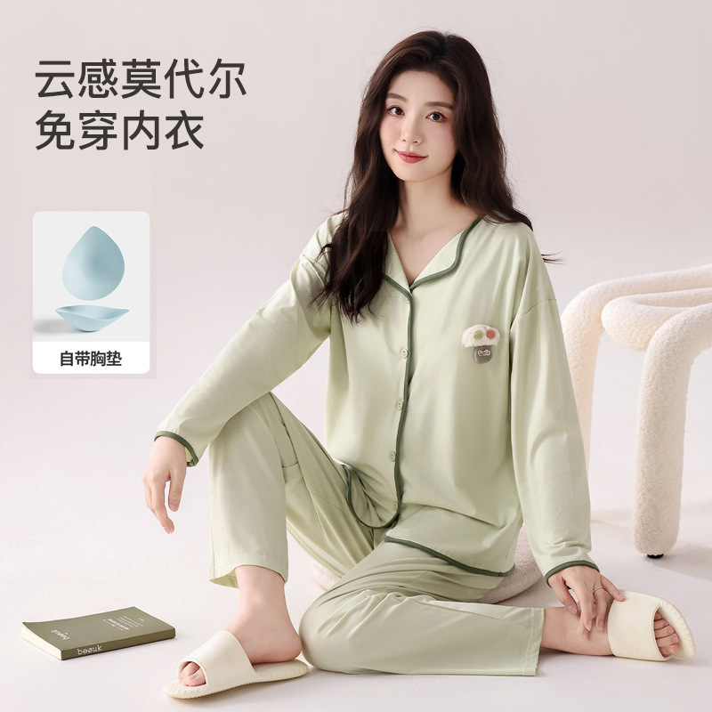 Autumn New Style Modal Pajamas with Breast Pads for Women, Long-Sleeved Pants, Simple Lapel, Large Size Women's Home Wear Set