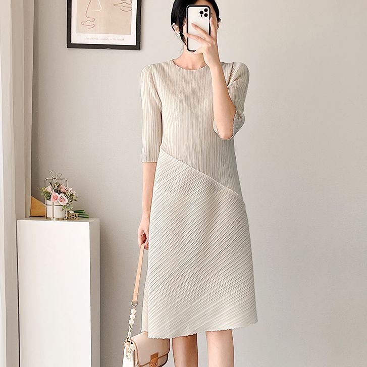 Miyake Elegant Dress Mid-Length Loose Thin Asymmetrical Design Large Size Pleated Skirt Export Women's Clothing