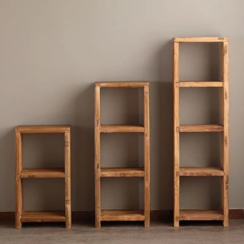 复古老榆木置物架家居角柜风化纹理实木展示书架陶瓷古董博古架