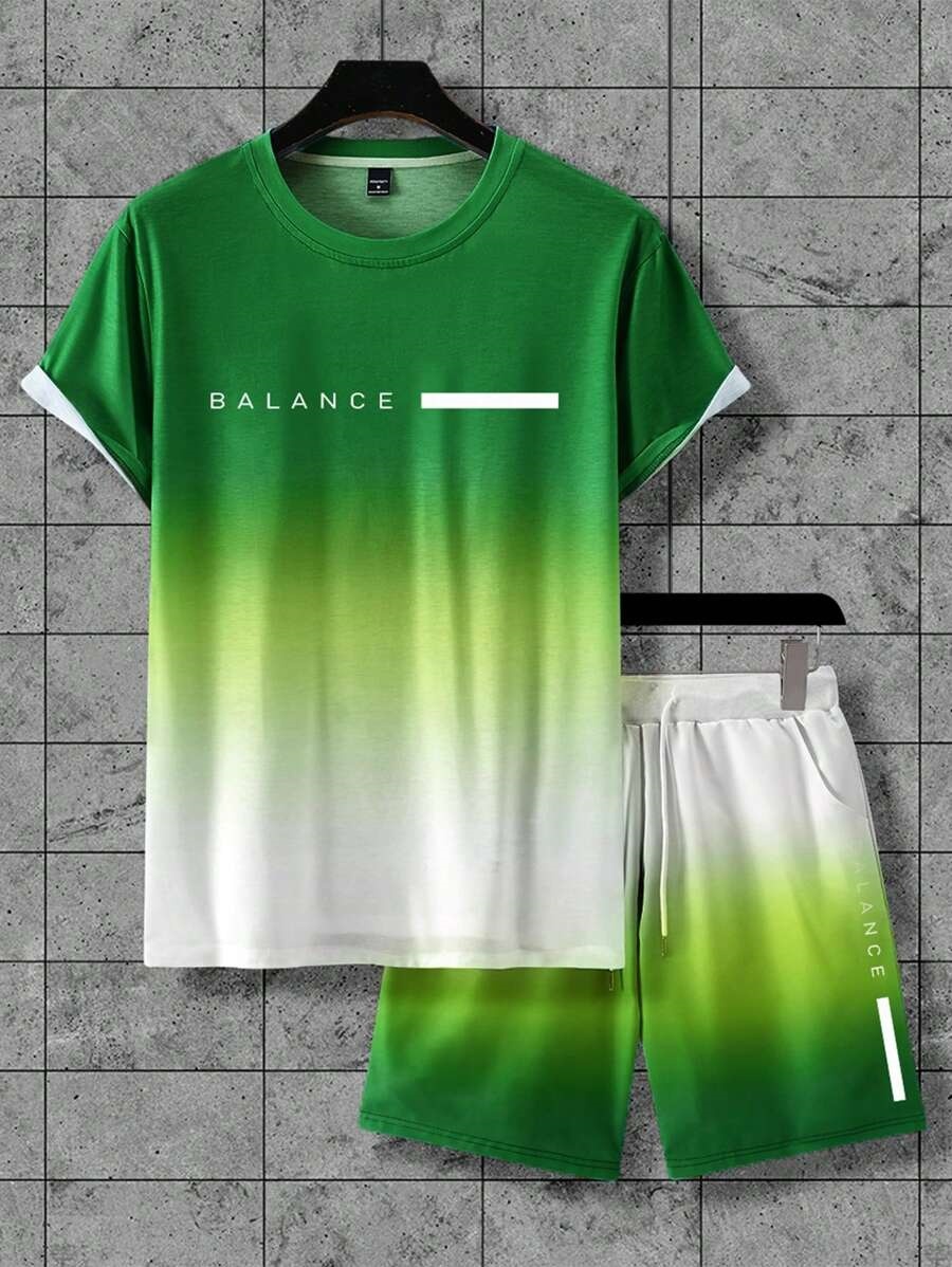 Lema de letras de color degradado estampado 3D traje de hombre camiseta traje deportivo de hombre cuello redondo pantalones cortos con cordón de manga corta