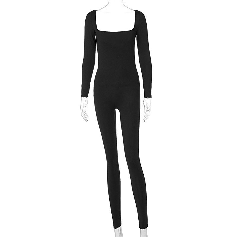 Women's Clothing Summer Solid Color Long Sleeve Belly Waist Shaping Hip Lift Square Collar Jumpsuit