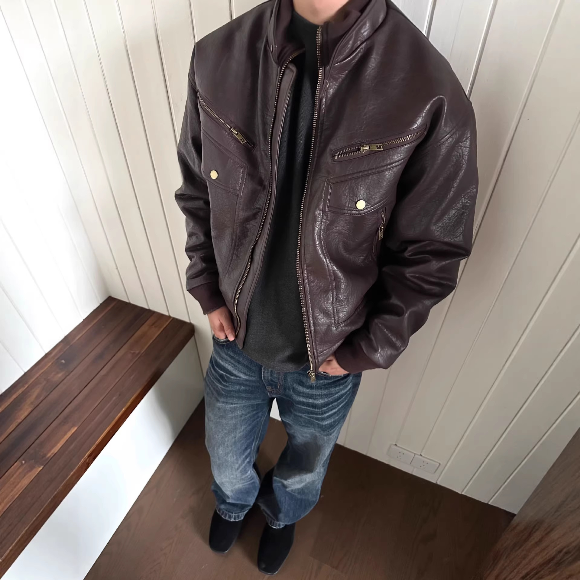 Men's Retro PU Leather Motorcycle Jacket Black Oversized Design Multi Pocket Cool Stand Collar American Style Streetwear_voghion.com