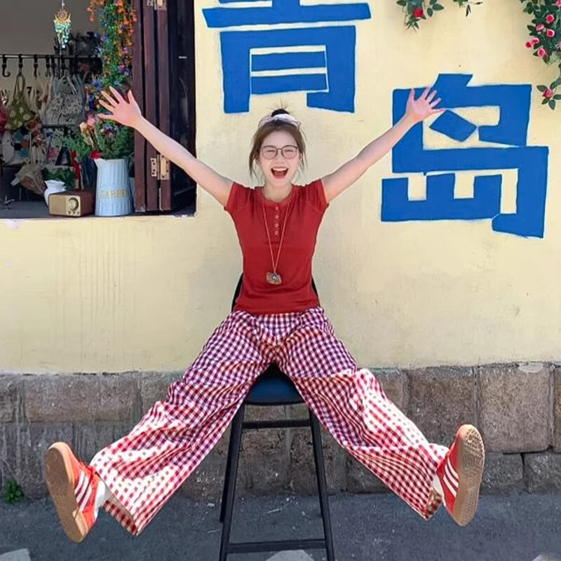 Red Plaid Pants Women's Summer 2025 New High Waist Slimming Ice Silk Pants Small Casual Style Sunscreen Wide Leg Pants