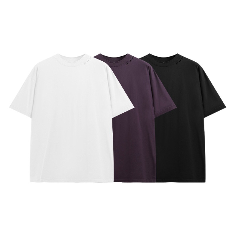 Ropa de hombre de Jiezhan | Camiseta pequeña bordada de cuello alto 2025 primavera y verano nuevos productos marca de moda cuello redondo suelto deshilachado manga corta para hombre