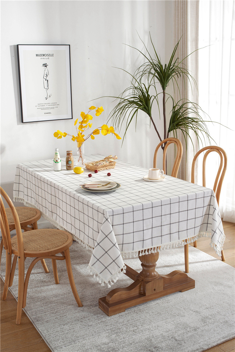 Cafe Double-line Plaid Cotton-polyester-linen Tassel Geometric Rectangular Dining And Coffee Table Tablecloth, Available_voghion.com