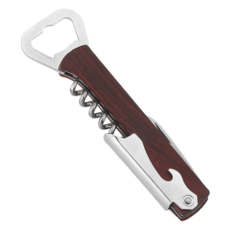 Abridor de botellas de vino multifuncional sacacorchos de madera y acero para cerveza y vino