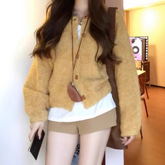 韩系慵懒风氛围感黄色开衫毛衣外套女秋冬季新款宽松显瘦休闲上衣