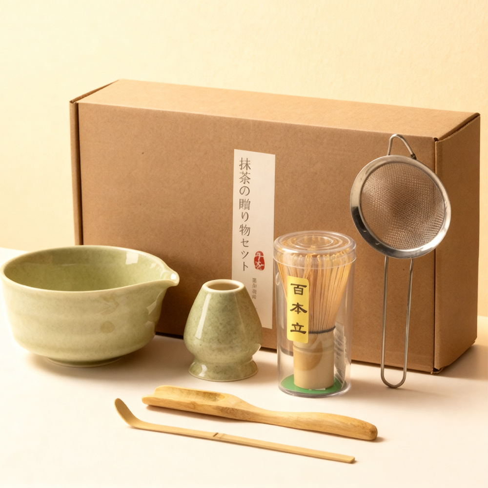 Conjunto de herramientas de matcha de cerámica transfronteriza con cuenco de boca, herramientas de orden de té, cuenco de matcha japonés con conjunto de paneles de té