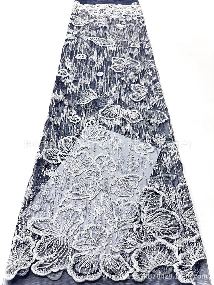Fabricante nuevo fondo plano tubo de perlas bordado tela brillante vestido de boda vestido de cena tela de moda