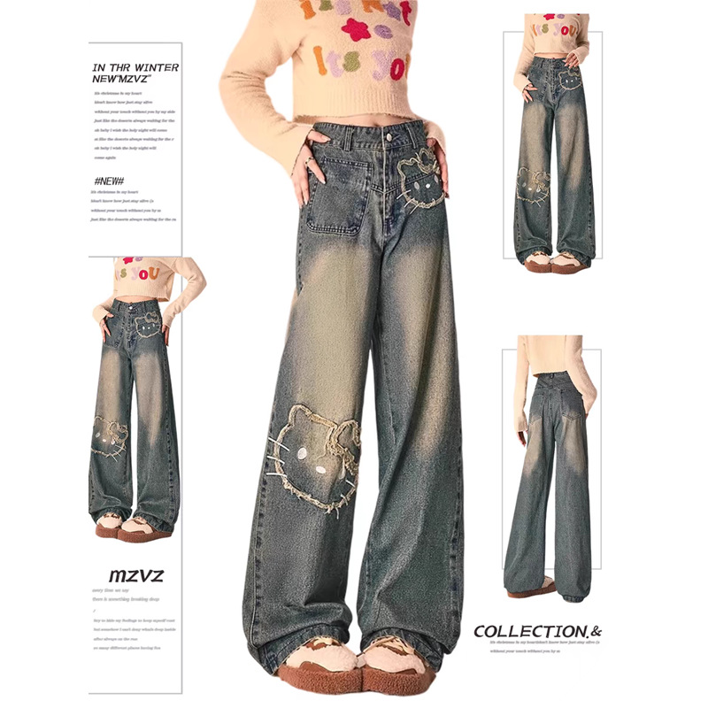 Vintage Kitty Cat Embroidered High Waist Wide Leg Jeans Women's Spring/Autumn 2024 New Loose Straight Pants