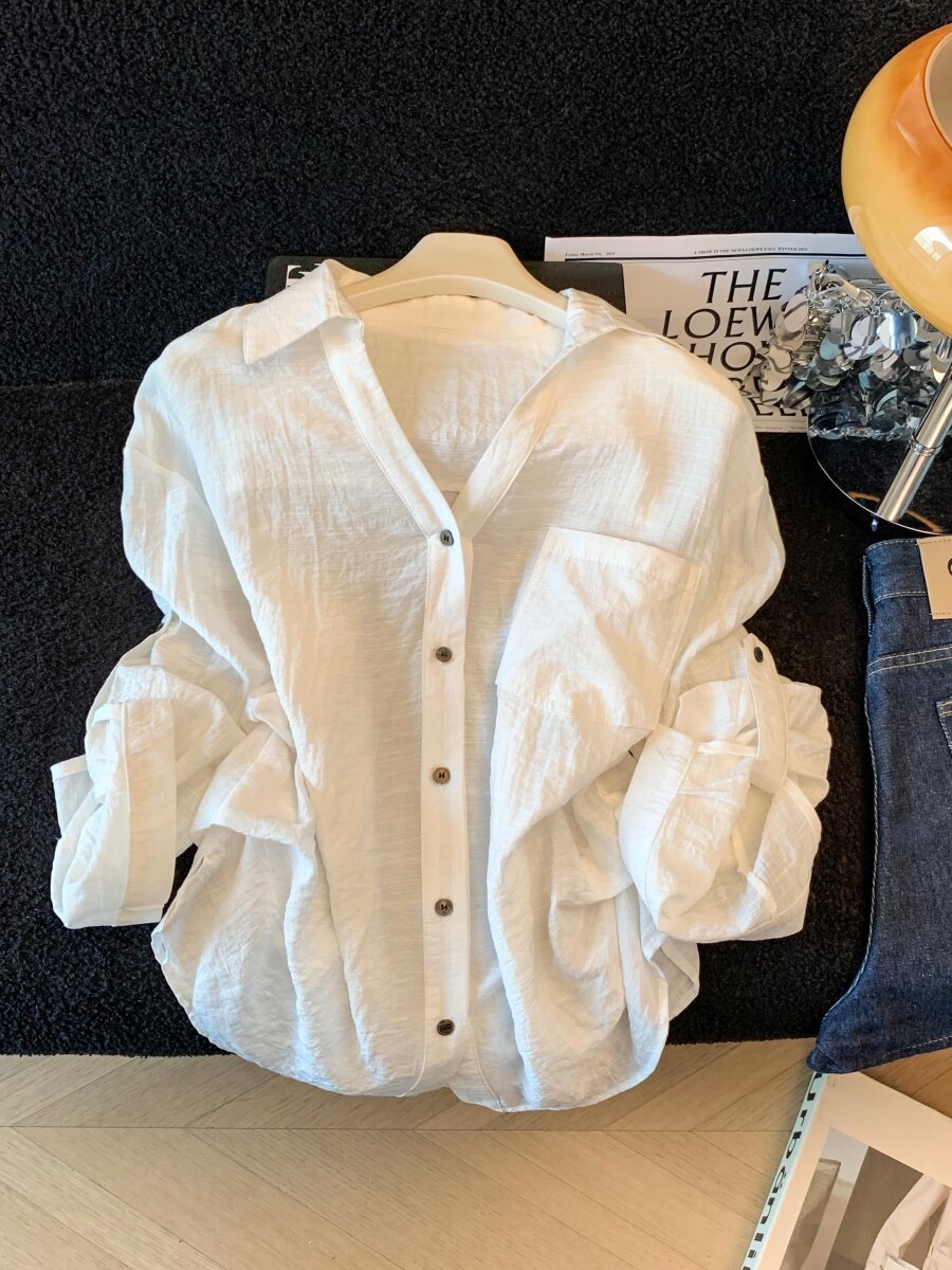 Áo sơ mi chống nắng nữ dài tay dáng rộng chất liệu linen thoáng mát — xanh lam chi tiết 1