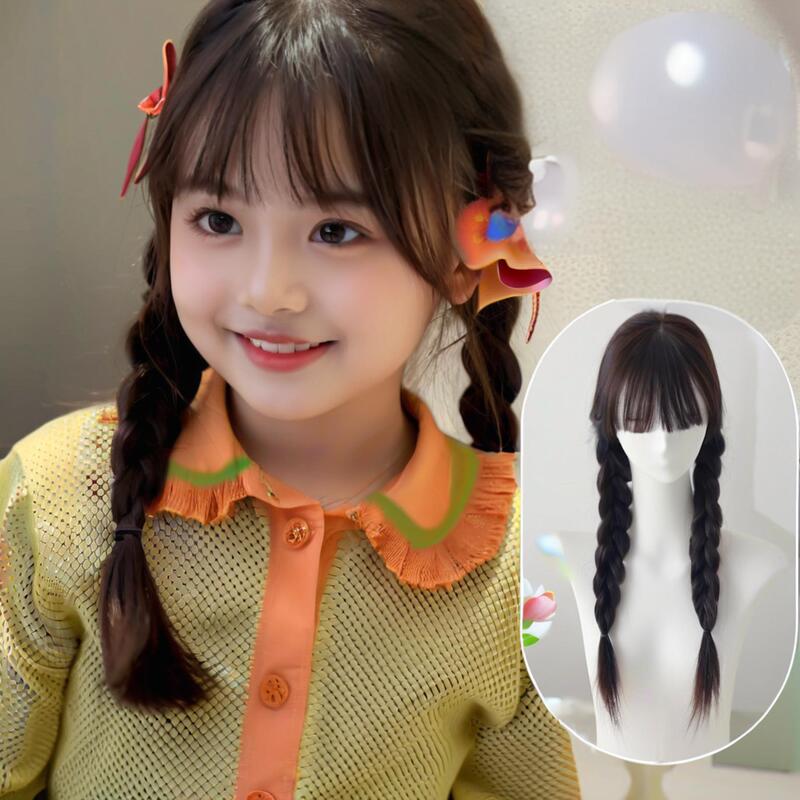 Children's wig braided girl playful double ponytail cute black long straight hair modeling photo show whole headgear