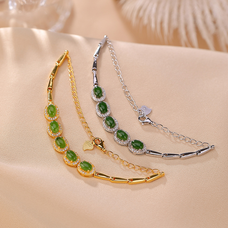 Vòng tay nữ charm ngọc bích Hetian mạ bạc S925 thiết kế cá tính — Kiểu màu bạc