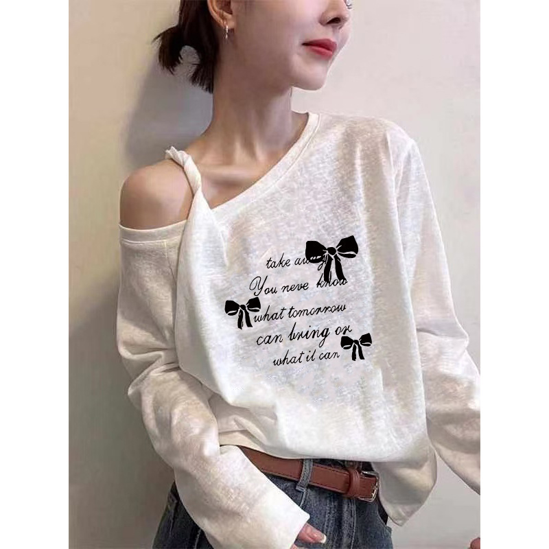Asymmetrical Off-Shoulder Bow Letter Print T-Shirt for Women Early Autumn New Loose Versatile Long Sleeve Outerwear Top Trend Asymmetrical Off-Shoulder Bow Letter Print T-Shirt for Women Early Autumn New Loose Versatile Long Sleeve Outerwear Top Trend