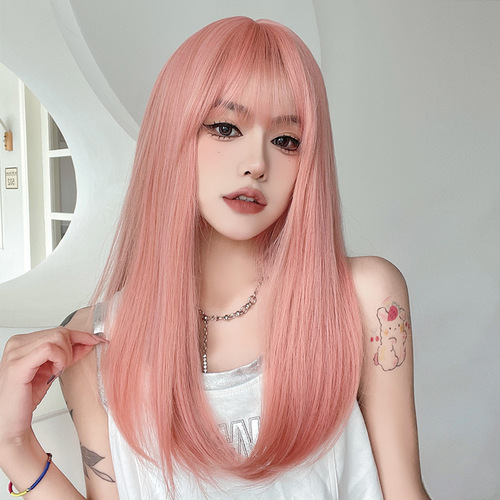 Wig for women with medium and long hair, daily round face, lolita straight hair, whitening, grapefruit pink, internet celebrity, fashionable air bangs headgear
