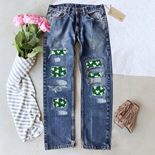 欧美外贸时尚修身印花牛仔长裤女舒适休闲 三叶草印花女式牛仔裤