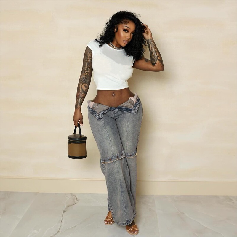 2024 Summer New Casual Cool Solid Color Wide Leg Metal Buckle Stitching Design Long Design Sense Jeans