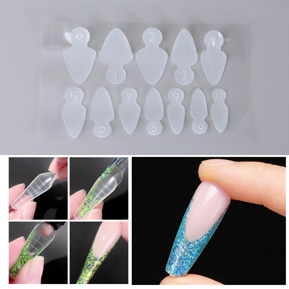 Molde de película de uñas de cristal de uñas popular transfronteriza sin pegamento de extensión de soporte de papel 12 piezas de molde de uñas pegatinas francesas no tallado de silicona de molienda
